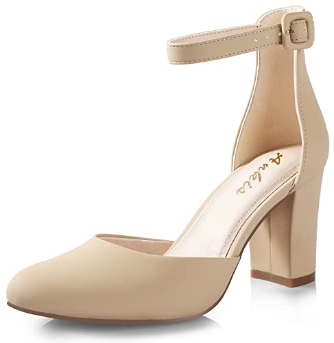 Ankis Closed Toe Heels for Women -Nude Womens Heels Closed Toe Chunky Block Pumps Shoes, 3 Inch