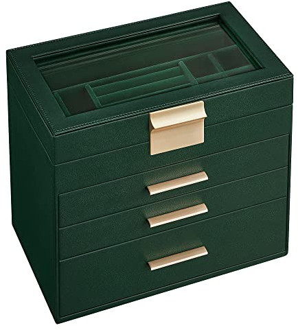 SONGMICS Caja de Joyas, Caja Joyero con 4 Niveles, Estuche para Joyería con Tapa de Cristal, 3 Cajones, para Gafas de Sol, Joyas Grandes, Moderno, Verde Bosque y Dorado JBC161G01