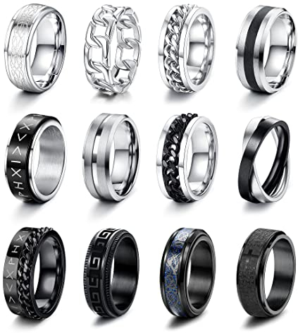CASSIECA 12 Stück Herren Ringe Fidget Spinner Anti Angst Ringe Band Ketten Ringe Silber Schwarze Ehering Verlobungsringe Zappel Ring Geburtstag Geschenke für Herren Größe 67