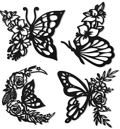 LOYIM 4 Stück Metall Schmetterling Wanddekorationen zum Aufhängen Schwarze Boho Wandkunst Metall Mondphasen Blumen Blatt Wanddekos für Wohnzimmer Schlafzimmer Badezimmer
