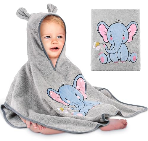 Yosemy Kapuzenhandtuch Baby Handtuch Kapuze 100% Baumwolle badeponcho Kinder- Oeko TEX - Babyhandtuch mit Kapuze Weich & Super Saugfähig 0-3 Jahre-Elefanten