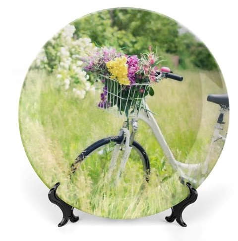 Flowers Grass Bike Decorative Plate for Wall Ceramic Home Wobble-Plate with Display Stand Table Decor Ornament Dinner Plate Dessert Dish Holiday Home Decoration 6