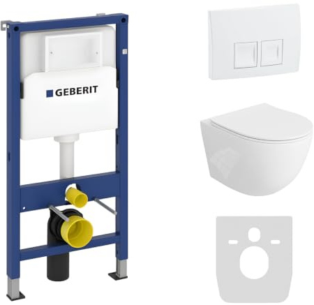 Lavita Duofix Basic Vorwandelement + Wand Tiefspül WC Sinto Weiß Spülrandlos + WC Sitz + Bedienplatte Delta 25 Weißer Knopf Komplettset Unterputz Spülkasten Toilette Komplett Sett WC