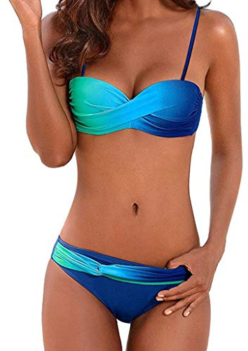 Generisch Damen Bandeau Bikini Set Push Up Crossover Bikinioberteil Mit Bügel Strandmode Ruched Bauchweg Farbverlauf Bikinis Bademode Zweiteiliger Badeanzug Swimsuit(Blau, S)