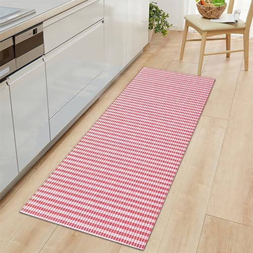 Küchenläufer Gestreiftes Kariertes Plaid Motiv Teppich Läufer 60x180cm, rutschfest Pflegeleicht Rosa Teppich Läufer für Küche Flur Eingangsbereich Esszimmer