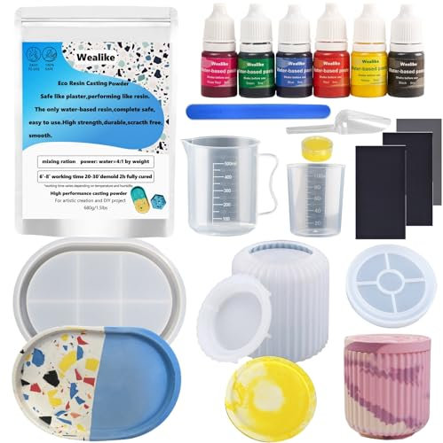 Wealike Kit di Gesso Ceramico Asciugatura 30 Minuti | Per Manualità,Progetti Creativi e Regali | Con 680g di Polvere, Stampo,Colori |Non Tossico