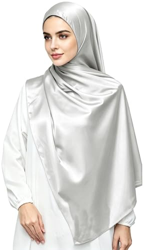 Lina & Lily Hijab Sciarpa Donna in Raso Tessuto Extra Lungo 72 x 200cm (Argento)