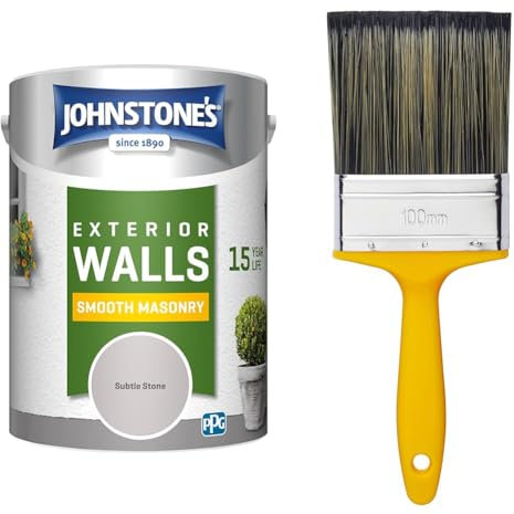 Johnstone's – Exterior Smooth Masonry Paint – Subtle Stone – Up to 15 Years Protection & ProDec PR4GY Flat Masonry Paint Brush for Rapid Application
