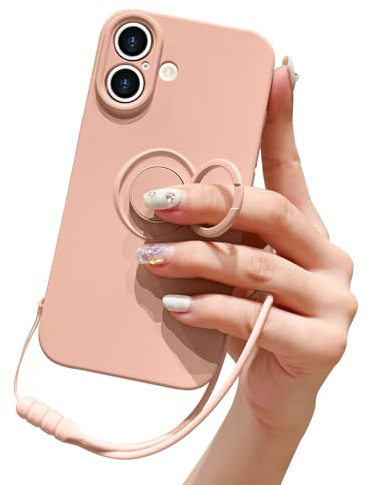 Pepmune for iPhone 16 Silicone Case with Ring Holder-Pink | Kickstand Magnetic Car Mount,Detachable Wrist Strap,Shockproof Soft Protective Cover