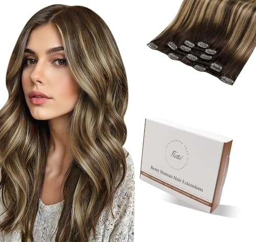 Hetto Clip in Extensions Echthaar Balayage Mittelbraun & Goldblond 55cm - Invisible Haarverlängerung Lange Haar für Hochzeit/Party, Extra Starke Clips für Sofortiges Volumen 80g 5pcs #4/27/4