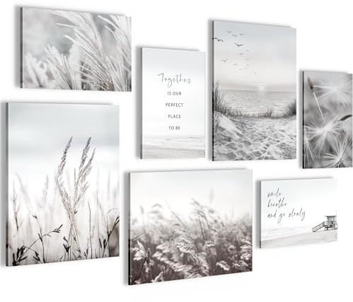 Novart Wandbilder Strand Meer Boho - KOMPLETT AUFHÄNGFERTIG - Schwarz Weiss Wohnzimmer Schlafzimmer Flur - 7 Moderne Mood-Bilder - N033871b