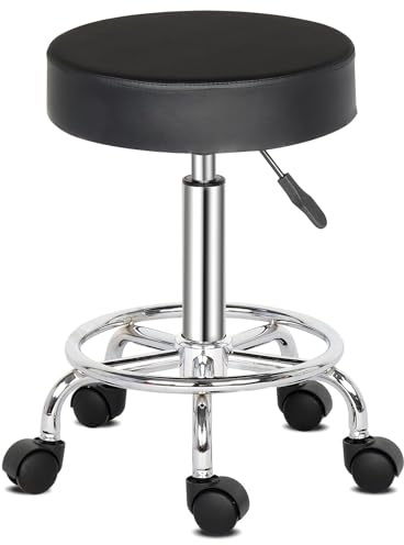 Bonnlo Tabouret à roulettes Réglable en Hauteur, Tabouret de Bureau avec Coussin de 8 cm, Tabouret de Travail Pivotant à 360°, Tabouret Pivotant pour Bureau/Salon/Bar, Similicuir, Noir