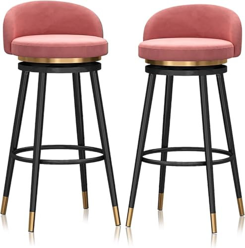 Samt gepolsterter Drehhocker mit Rückenlehne für Kücheninsel, moderne Barhocker mit Metallbeinen, Rosa, 2 Stück (weißes Bein)