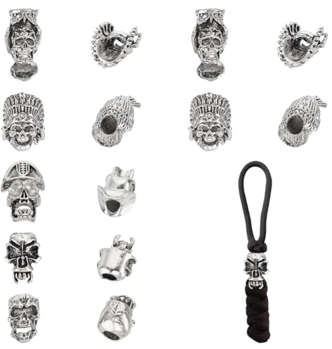 UNICRAFTALE 20 Stück 5 Stile Paracord Perlen Europäische Antik Silber Totenkopf Metall Skelett Perlens Tibetischer Stil Große Loch Totenkopf Abstandshalter Perlen für Schmuckherstellung Loch 5-6mm