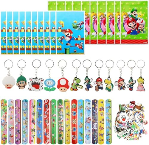 HhBdy 98 Stück Super Ma-rio Mitgebsel Kindergeburtst mit 50 Kinder Sticker 12 Schlüsselanhänger Kinder 20 Sup Tasche 16 Clap Bracelets Gastgeschenke Set Party Mitgebsel Spielzeug Geburtstagsdeko