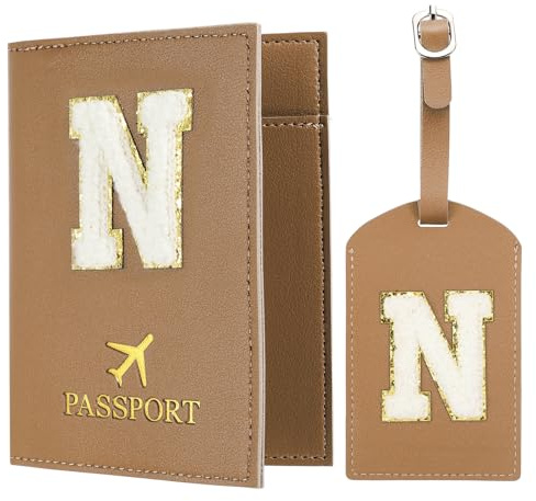 PATIKIL Reisepasshülle und Kofferanhänger Set, Reisepasshülle Passport Hülle für Reisen mit Alphabet Buchstaben Reisebrieftasche Koffer Identifikator für Frauen Braun N