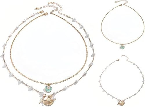 Diyxisk Muschelkette Damen Weiß Geschichtet Muschel Kette Strand Boho Schmuck Lange Kette mit Anhänger Muschel Schmuck für Frauen Sommer Urlaub Strand Surfer