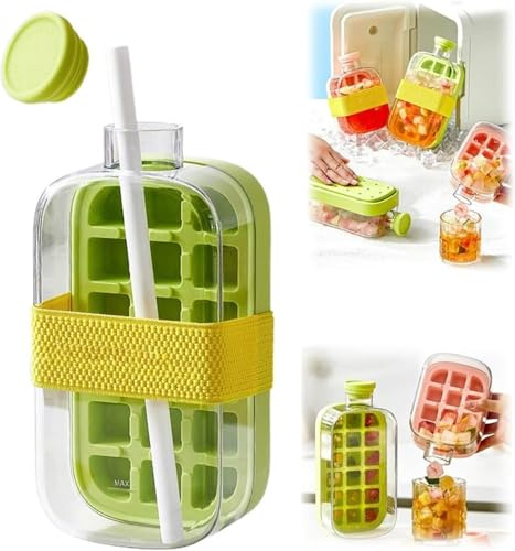 My Crush Cup Ice - 2 in 1 Touch-Free Ice Cube Tray Water Bottle with Lid and Bin, Ice Cube Making Bottle for Freezer, Portable Ice Maker for Home, Office, Travel, Gym & Outdoor (Green-800ML)