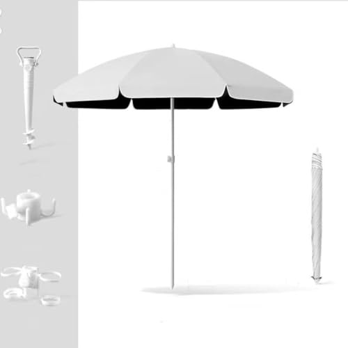 OPOLDBDMAC Sonnenschirm Strandschirm 220 cm Gartenschirm Tragbar Terrassenschirm Runder Marktschirm Mit Erdspieß Getränkehalter, Für Garten Sandstrand(Silver,7.2ft/2.2m)