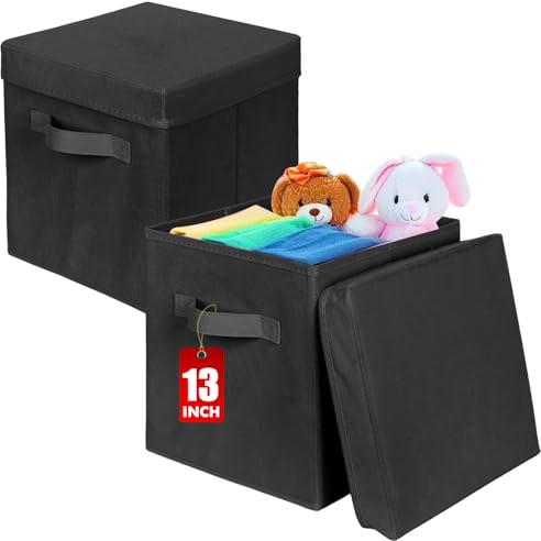 powerking Aufbewahrungsbox Behälter, 2 Pack klappbarer Stoff Aufbewahrung Würfel mit Deckel, Kleidung Organizer Schublade für Schrank und Spielzeug Aufbewahrung, 33 x 33 x 33 cm,Schwarz