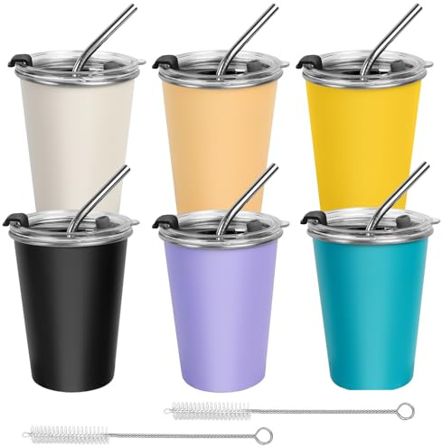 ROTKUSZ 6 Piezas Vasos de Acero Inoxidable con Tapa y Pajita, 350ml Copas de Acero Inoxidable, Unidades Irrompibles de Viaje de Café, Vaso de Vino de Metal sin Tallo, para Bebidas Frías Calientes