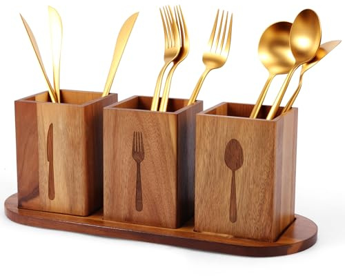 Zhjiutak Wooden Cutlery Rack with 3 Compartment,Kitchen Utensils Holder, Kitchen Cooking Utensil Organizer, Utensil Crocks with Cutlery Trays for Knife, Fork and Spoon(coffee)