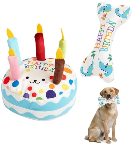 Dog Birthday Toy Set, Birthday Cake Dogs Toy, Dinosaur Bone, Interactive Dog Toys for Small and Medium Dogs, Safe Pet Toys for Gentle Chewers