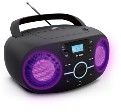 Mooov 477415 - Reproductor de CD portátil, Lector CD Audio CD-R/CD-RW/CD-MP3, Radio FM, Puerto USB, Efectos Luminosos LED, asa ergonómica, alimentación eléctrica o con Pilas, Negro