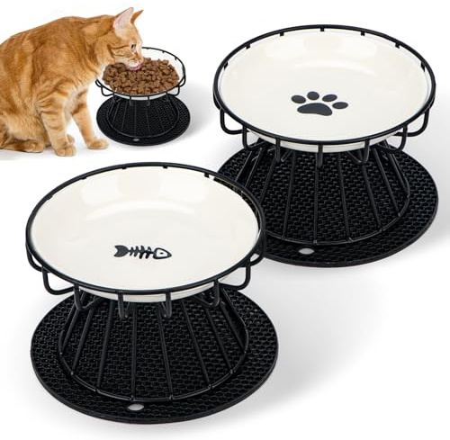 Yooyan 2 stycken kattskålar upphöjd keramik, nackskydd kattskål med skålunderlägg silikon och metallstativ, upphöjd matskål katt katter skålset hög 10 cm kattskålar för mat vatten