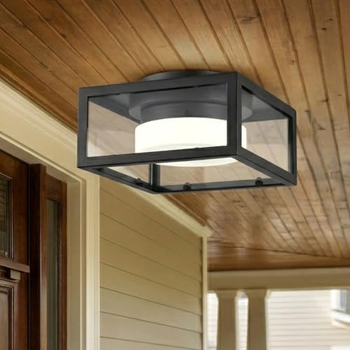 Alighting Außen Deckenleuchte Schwarz Eckig 28 cm | IP44 Wasserdicht, 4000K Neutralweiß LED Deckenlampe aus Glas & Metall für Balkon, Terrasse, Eingang