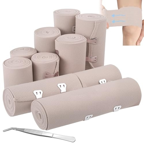 Lot de 10 Bandages Élastiques de Compression, 4 Tailles (5/7,5/10/15 cm), Bandes de Soutien Lavables avec Clip Métallique, Idéales pour Poignet, Cheville, Genou et Premiers Secours