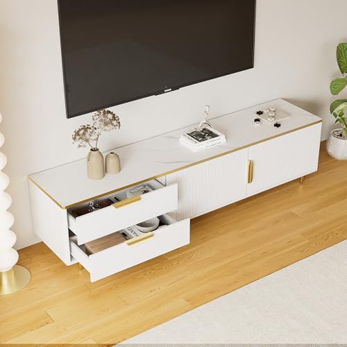 Qsddk TV Schrank mit 2 Schubladen, TV Lowboard für 70-Zoll-Fernseher, Fernsehschrank Wohnzimmerschrank mit Goldenen Griffen und Füßen, TV Möbel Wohnzimmer Möbel, 175x40x45 cm, Weiß