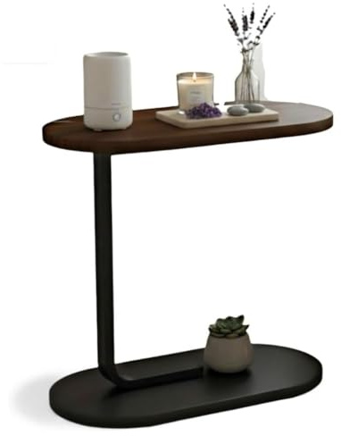 bdit accessori Tavolino Laterale Moderno in Legno e Metallo, Salvaspazio 60 cm, Piano Ovale 44x28cm, Base 39x24 cm, Comodino Minimal per Soggiorno e Camera da Letto (nero+ colore legno scuro)