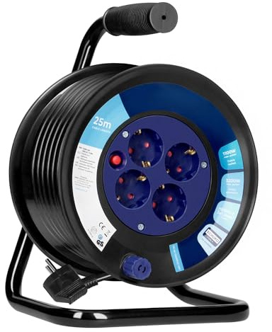 Miratic Prolunga Elettrica Avvolgibile 4 Prese Schuko - Avvolgicavo 25 m - Isolamento in PCV H05VV-F 1.5 mm² Interruttore Termico di Sicurezza Otturatori di Sicurezza Prolunga per Uso Interno IP20