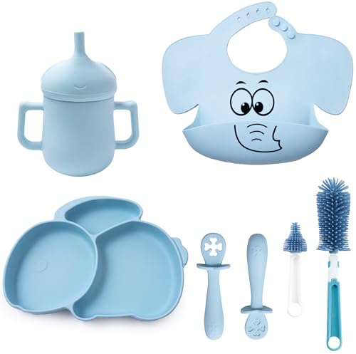 Vajilla de Silicona Bebé | Plato con Ventosa | Vaso de Aprendizaje Antiderrame | Cucharas para Aprendizaje BLW | Babero de Silicona Ajustables | Cepillos Limpia Biberones | 7 piezas | Diseño conejo