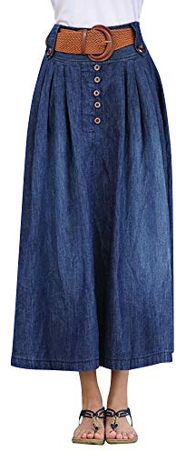 Lång jeanskjol för kvinnor – midikjol veckade kjolar, 2, XL