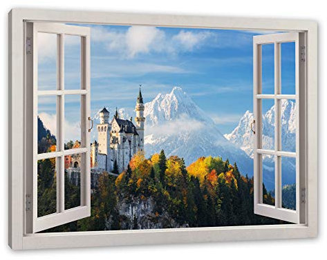 Pixxprint Schloss Neuschwanstein Herbst, Fenster, Größe: 100x70cm, Leinwandbild, fertig gespannt, Wandbild, Dekoration, Kunstdruck, kein Poster