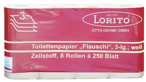 Lorito Flauschi Toilettenpapier Weiß, 3-lagig, 64 Rollen | Weiches WC-Papier, 250 Blatt pro Rolle, Klopappier ideal für Haushalte und öffentliche Einrichtungen
