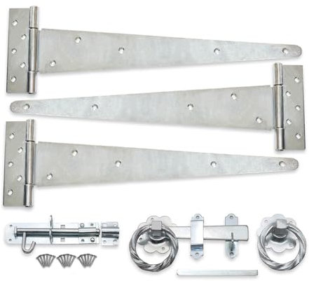 Infinity Decor Garden Gate Kit 18” Tee Hinges (3) Twisted Ring Latch, Brenton Bolt Wooden Barn, Shed Doors, Garage Gate Fittings Kit Galvanized Zinc