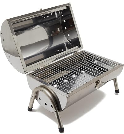 Hi-Gear Stainless Steel Double Sided BBQ with Twin Sided Grill Function, Lightweight, Compact, Foldable, Portable Oil Drum Barbecue, Ideal for Camping, Festivals & Picnics, with Carry Handle, Silver