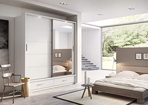 Schwebetürenschrank Kleiderschrank Schiebetürenschrank AR-05 ARTI Garderobenschrank mit Spiegel 2 Schubladen (Weiß Matt)