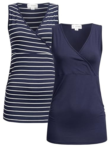 Herzmutter Top de Lactancia Materna - 2-Pack - Camisa de Lactancia para Señoras - Camiseta sin Mangas de Lactancia - Ropa de Lactancia - 6700 (XL, Azul|Rayado)