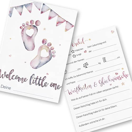 Kigebu Babyparty Spiele rate mal Karten (25 Tippkarten auf Deutsch), Motiv Babyfüße- Babyshower Ratespiel- mit neutraler Farbe für Mädchen oder Junge (lila/weiß)