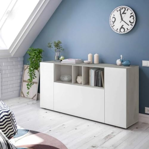 Dmora - Credenza Paterson, Buffet da soggiorno con scomparti, Madia da salotto, Mobile Porta TV, Armadio moderno a 3 ante, 150x41h76 cm, Bianco e Cemento