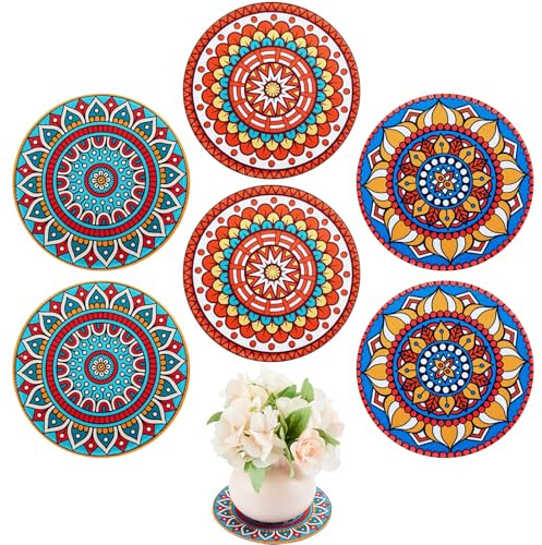 Nuanchu 6 Pieces Boho Plant Coasters 5.9 Inch Rubber Absorbent Non Slip Plant Pot Mats for Gardening Indoor Outdoor Round Bohemian Mandala Decorative Plants Saucers for Table Floor Protection Home