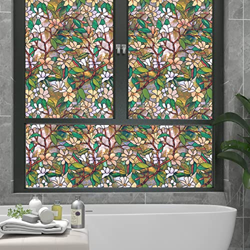 Selbsthaftend blickdicht sichtschutz folie,Statische 3D-Buntglas fensterfolie,blaue Blätter blühen ,Statisch haftend anti-UV zum dekorieren von küche, wohnzimmer, esszimmer usw 75x200cm