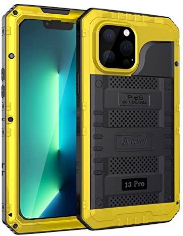 Beeasy für iPhone 13 Pro Wasserdicht Outdoor Hülle (6,1), Stoßfest Panzerhülle Militär 360 Grad Schutzhülle mit Displayschutz, Robust Metall Heavy Duty Handyhülle iPhone 13 Pro Case, Gelb