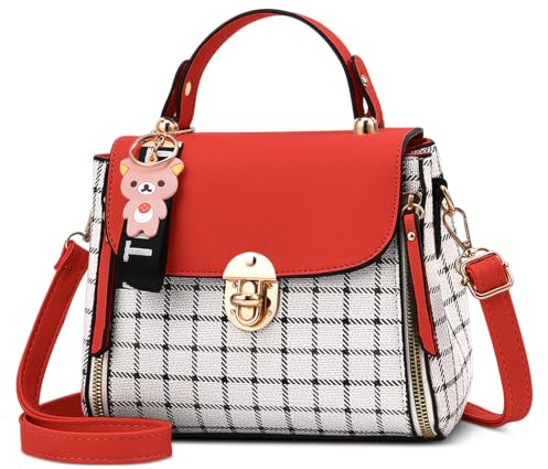 DORRISO Sac à Main Femmes Petit Mignonne Bandoulière Sac Mode Treillis Crossbody Bag Travailler Voyage Décontracté Quotidien Fille Cuir PU Sacs à Rabat Rouge