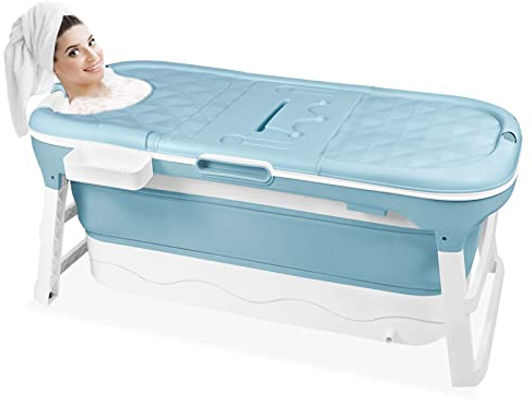 Froadp Baignoires Pliante Adultes Mobiles pour Bébés Bathtubs avec Couvercle & Tablette & Mains Courantes Baignoire sur pied Baignoire-Douche Portable Sauna pour Salle de Bain Extérieur (128x60x53cm)