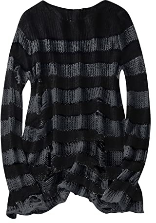 Grunge Tröja Med Ränder - Hiphop Vintage Pullover Långärmad Stickad Oversize Randig Grovstickad Med Hål - Gotiska Punk Kläder Y2k Goth Harajuku Aesthetic Top, Mörkgrå, En